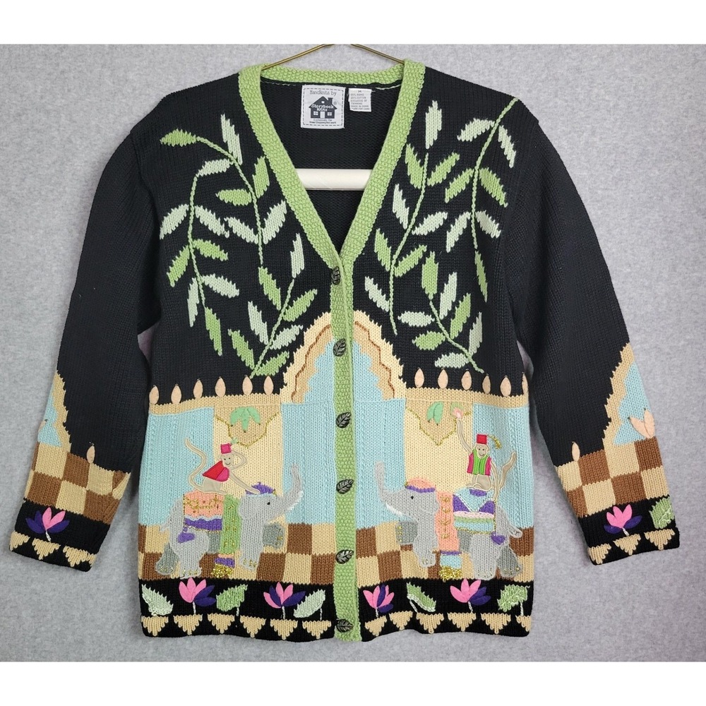 Storybook Knits Taj Mahal Elephant Monkey Handknit Cardigan Sweater Black Mens M